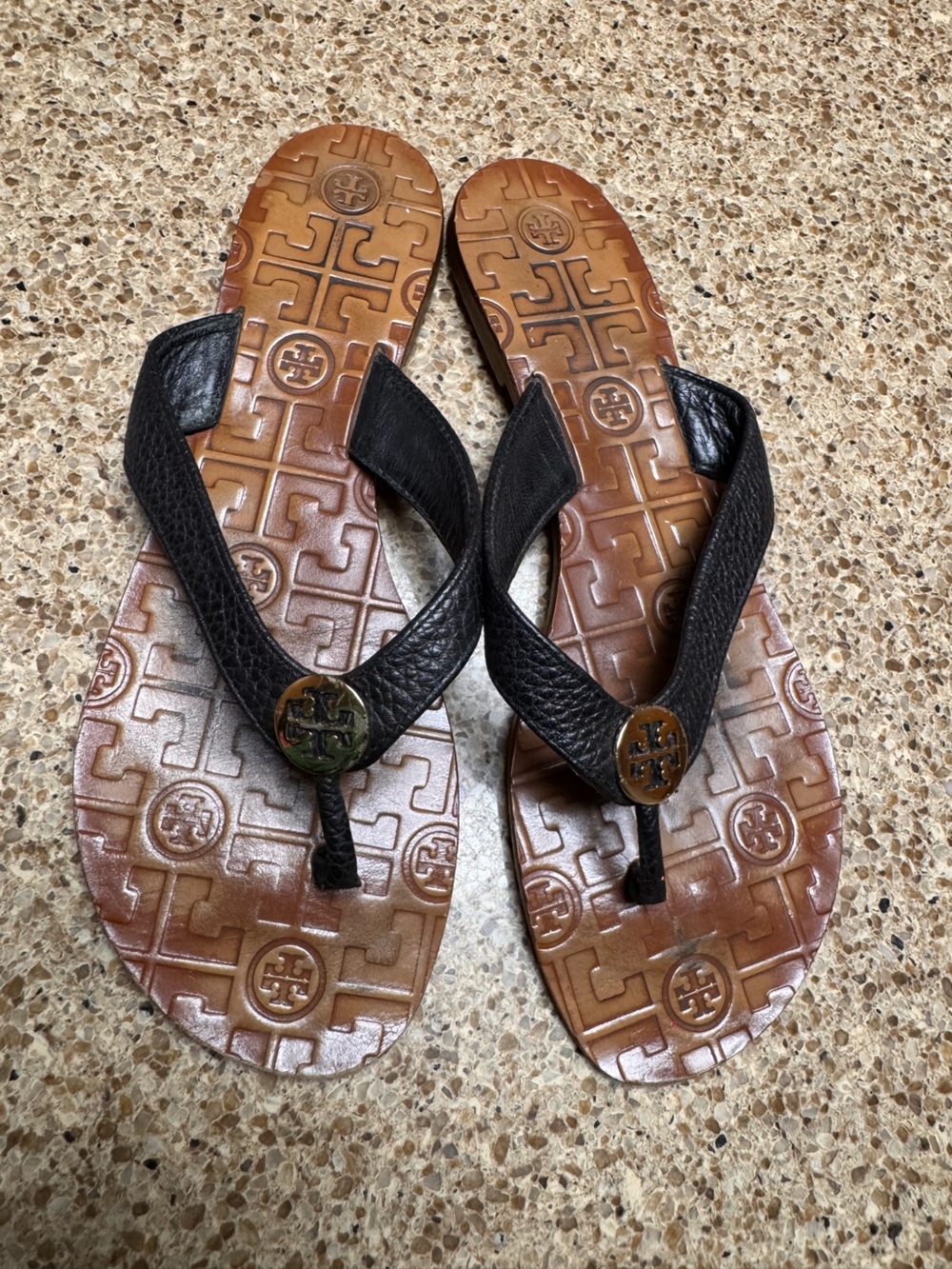 Tory Burch Thora Thong Black Leather Logo Flip Flop Sandals